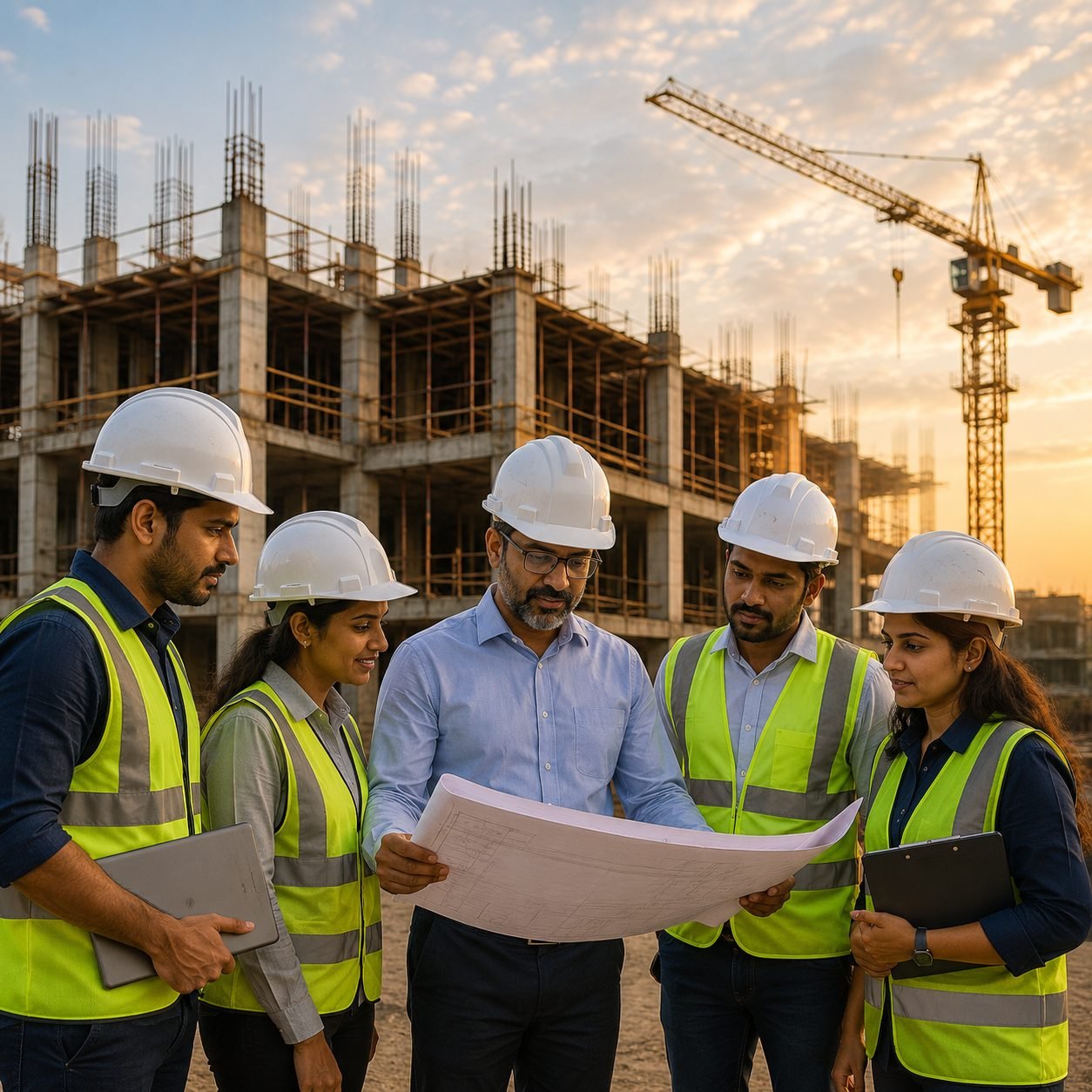 D S Constructions team reviewing drawings on an active construction site