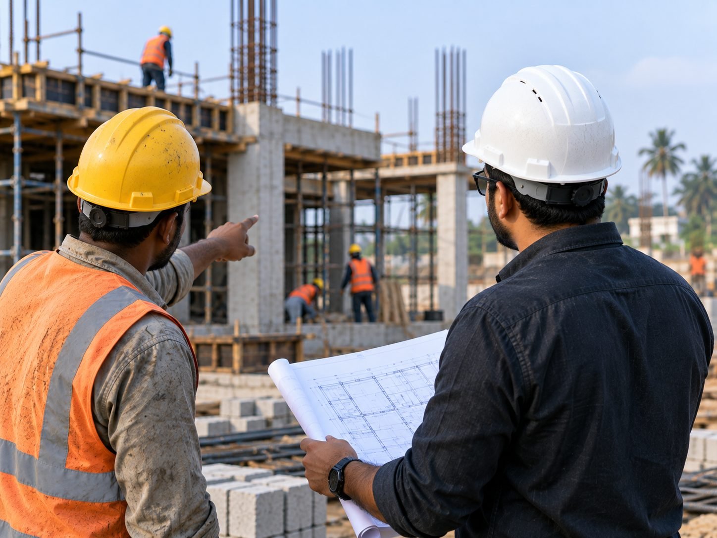 Site supervisor reviewing structural drawings against the building under construction